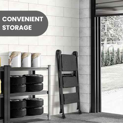 XinSunho 3 Step Ladder, Foldable Handrail & Tool Tray Stool Ladders with Anti-Slip Wide Pedal, 660 lbs Sturdy Steel Ladder for Home Kitchen and Outdoor