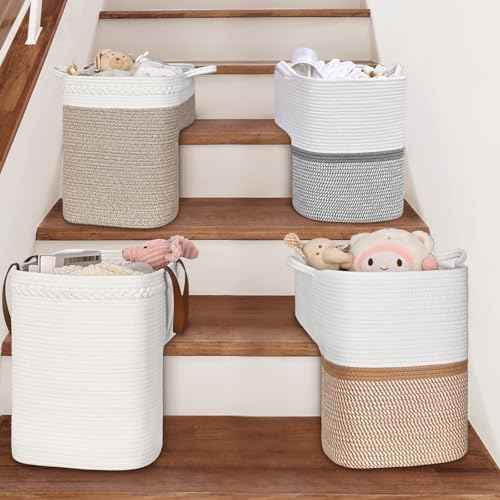 Woven Stair Basket, Stair Baskets for Wooden Stairs, Carpeted Stairs Storage Basket with Handles, Staircase Baskets for Toys, Books, Brown, 15¡± L x 10¡± W x 15¡± H