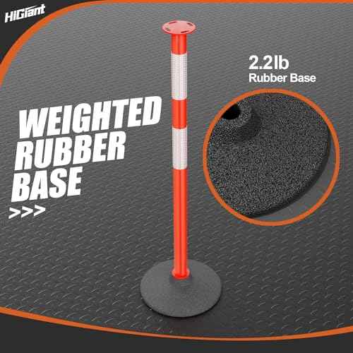 HiGiant 4 Pack 34 Inches Traffic Delineator Posts with Weighted Rubber Base, Portable Orange Safety Posts Cones with Reflective Collars and 15 Ft Plastic Chains for Parking Lot, Construction Work