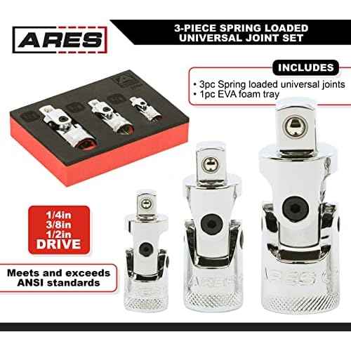 ARES 37000-3-Piece Spring Loaded Universal Joint Set ? Spring Loaded Tension Keeps U-Joint In Position at Odd Angles - 1/4-Inch, 3/8-Inch, and 1/2-Inch Drive