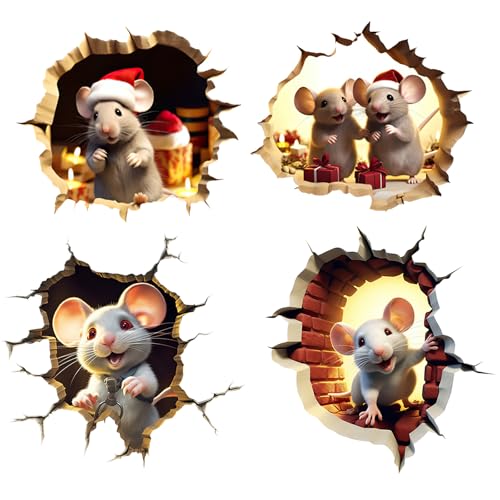 4 Pcs 3D Christmas Mouse Hole Wall Decal Glow in The Dark, Cute?Luminous Christmas Wall Decals, Peel and Stick Cracked Mouse Wall Stickers Fun Decal for Living Room, Bedroom, Bathroom (Style 2)