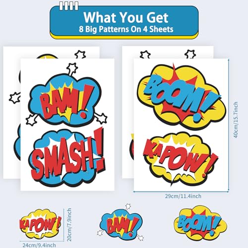 Superhero Wall Stickers Peel and Stick Hero Sign Wall Decals 8 Pcs Vinyl Removable Super Hero Action Sign Wall Stickers Comic Art Decor for Bedroom Nursery Playroom Kids Room Decorations