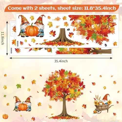 Fall Wall Stickers Maple Tree Leaves Gnome Wall Stickers Peel and Stick Large Room Mural Decals for Autumn Harvest Thanksgiving Party Home Nursery Bedroom Decor