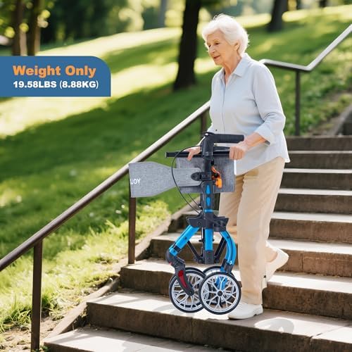 Lightweight Rollator Walker All-Terrain Ultra Compact One-Click Folding with seat and Adjustable Height backrest, 300 lbs Capacity, 8" Wheels for Seniors, Adults, bariatric, Includes Cane Holders