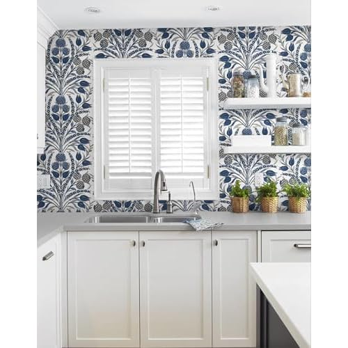 CiCiwind Blue and White Peel and Stick Wallpaper Floral Wall Paper Boho Self Adhesive Renter Friendly Contact Paper for Bedroom Bathroom William Morris Decor Vinyl Rolls 17.3"¡¿78.7"