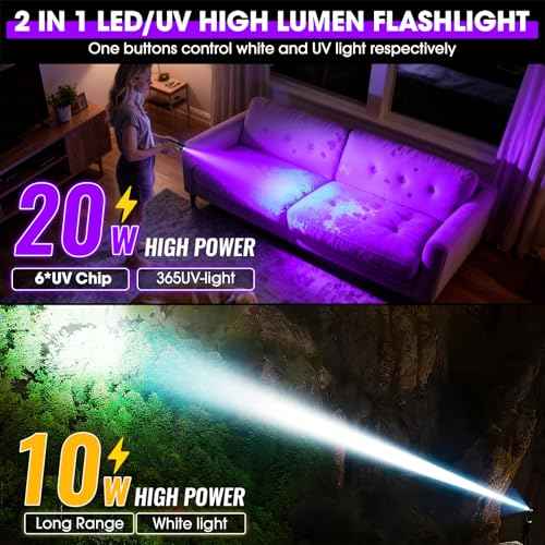 2-in-1 365nm UV Flashlight & High Lumens LED Flashlight, 7 Modes, 18H Runtime, Waterproof, 6 LED Rechargeable Black Light for Pet Urine Detection, Curing Resin, Outdoor Emergencies, Scorpion Hunting
