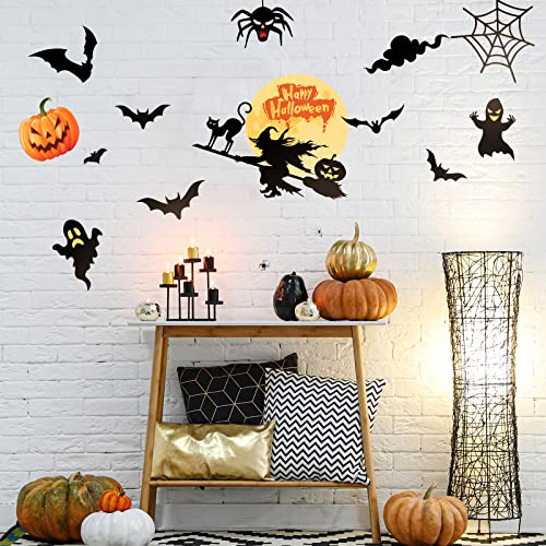 6 Sheets Halloween Wall Decals Black Bats Witch Ghost Ancient Castle Pumpkin Wall Stickers Decor Removable DIY Home Art for Halloween Party Supplies