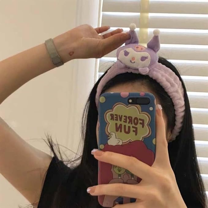 Kawaii Cartoon Headband, Cute Anime Spa Band for Women face Washing Makeup Skincare, Soft Microfiber Coral Shower Fluffy Towel Hairband for Girls (Pkuro)