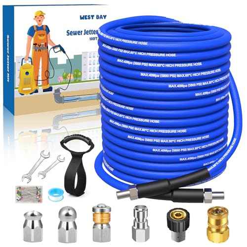 Sewer Jetter Kit 100 FT for Pressure Washer, 5800 PSI Drain Cleaner Hose 1/4 Inch NPT Corner Rotating and Button Nose Sewer Jetting Nozzle Spanner WatertightTape Pearl Corsage Pin(Blue)