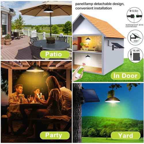 intelamp Solar Pendant Lights Indoor Outdoor, 2 Packs 4000mAh Gazebo Shed Chandeliers with Remote All Day/Night Mode 16.4Ft Hanging Warm White Lighting for Outside Barns Chicken Coop