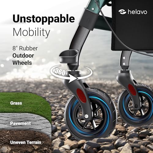 Helavo Extra Wide 28.3" Bariatric Upright Walker for Seniors, 500 lbs Capacity with 8“ Flat-Free Solid Rubber Tires, Height Adjustable Stand Up Walker with Seat, All Terrain Heavy Duty Rollator