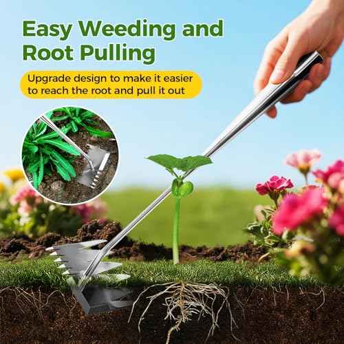 Weed Puller Tool, 2025 Upgraded Portable Manual Weeding Tools Gardening, 6 Teeth Dual Head Stainless Steel Hand Garden Weeding Rake, Weed Remover Tool for Gardening Backyard Yard Farm Planting Weeding