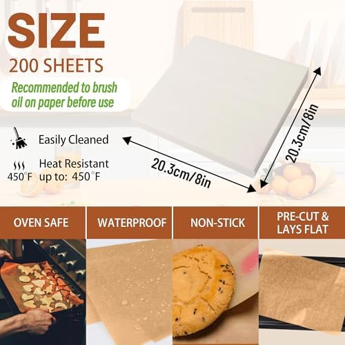 200 Pcs 8x8 Inch Parchment Paper Sheets,Food Grade Precut Baking Paper, Non-Stick & Greaseproof Square Pan Liners for Cake Pan, Air Fryer, Baking - White