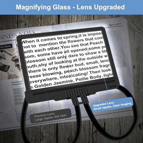 5X Hands Free Magnifying Glass with Light and Stand 43 Ultra-Bright LEDs, Page Magnifier for Reading, Neck Wear Large Magnifying Glass for Reading Small Prints Low Vision Elderly(Black)
