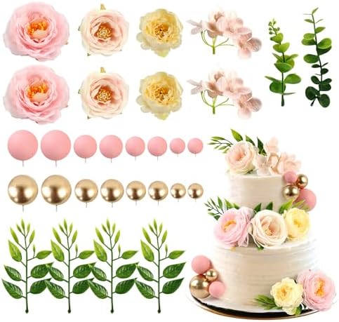 Ercadio 30Pcs Pink Artificial Flowers Balls Cake Decorations 3D Flowers with Artifcial Leaves Cake Toppers for Mother's Birthday Bridal Shower Wedding Anniversary Party Cake Decorations Supplies