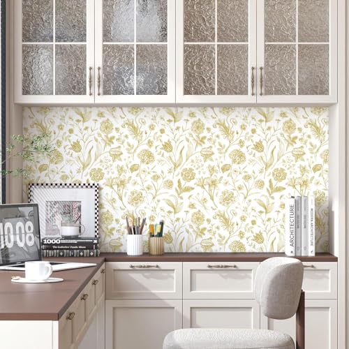 Floral Peel and Stick Wallpaper White and Gold Contact Paper 16.9inch x 118.1inch Boho Wall Paper Peel and Stick Flower Self Adhesive Wallpaper Removable Gold Floral Furniture Decorative Vinyl