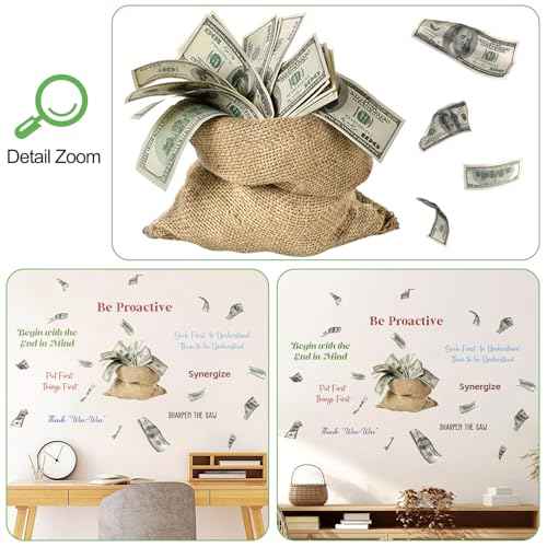 2Sheets Creative Money Bag Filled Dollars Object Wall Decal Removable DIY Inspirational Quotes Wall Decals Vinyl Peel and Stick Money Wallpaper for Girls Boys Bedroom Living Room Bathroom Decor