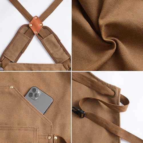 Tosewever Work Aprons for Men with Large Pockets, Canvas Cross Back Heavy Duty Adjustable Tool Aprons for Chef Cooking BBQ