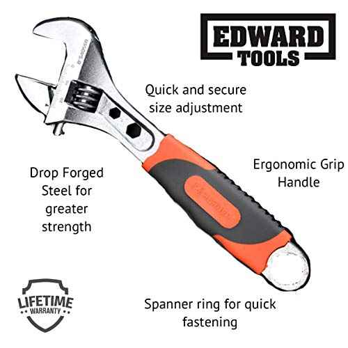 Edward Tools Pro 8" Adjustable Wrench - Carbon Steel Adjusting Design - Crescent Pro Grip for Greater Leverage - Adjustable Width - Spanner Handle