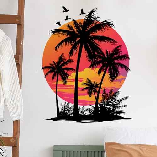 Tropical Sunset with Palm Trees and Birds Wall Stickers for Living Room Silhouette Plant Wall Decals Removable Peel and Stick Wall Art Home Decor Decoration for Bedroom Bathroom Library