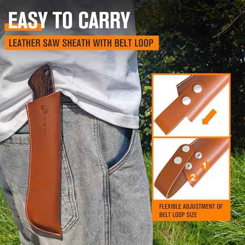 Folding Pruning Saw 10 Inch with Leather Sheath and Wenge Wooden Handle, SK5 Steel Blade, Foldable Hand Saw for Camping, Survival, Wood Cutting, Bushcraft and Tree Trimming