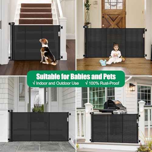 Reinforced 50" Wide Retractable Baby Gate Retractable Dog Gate with Support Rods - Anti-Bottom Crawl, Mesh Gate Retractable Gate Outdoor Retractable Pet Gate Indoor Doorway/Hallway/Stair Gate, Black