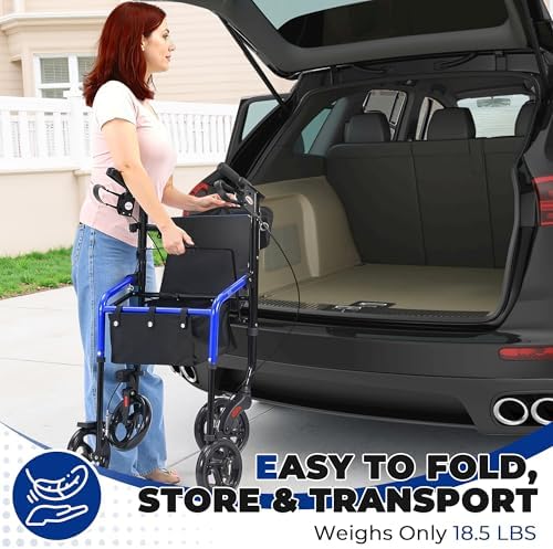 Metro Mobility Rollator Walker with Seat for Seniors, Foldable Lightweight Rolling Walker, 8" Big Wheels for All Terrain, 300 lb. Weight Capacity, Blue