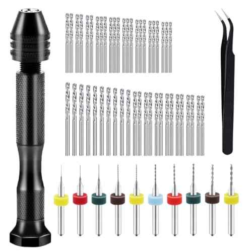 Dianrui 60 PCS Pin Vise Hand Drill Set including a Hand Drill, a Elbow Tweezers, 10 PCS PCB Mini Drills Bits, and 48 PCS 0.3-3.5mm Twist Micro Drill Bit Set for Jewelry DIY, Resin and Model Making Etc
