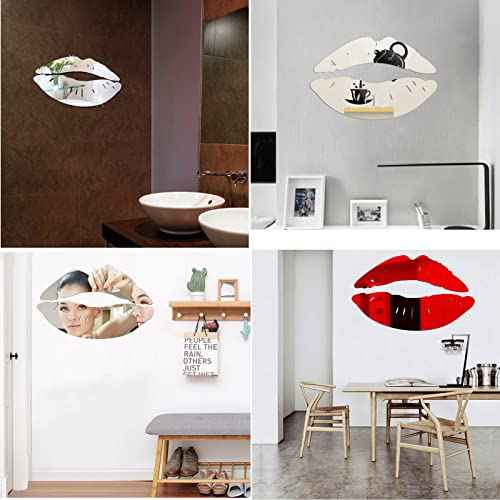 2 Sets 3D Large Lips Mirror Wall Stickers, Kiss Shape Wall Art Decals, Acrylic DIY Self-Adhesive Wallpaper Murals for Bedroom, Living Room, Bathroom Home Decor (Silver and Red)¡¦