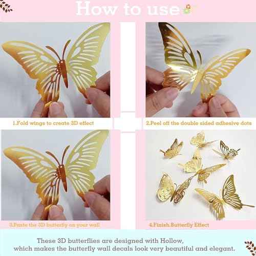 36Pcs 3D Gold Butterfly Wall Stickers, 3 Sizes Butterfly Decoration, Removable Wall Decals Room Decor for Bedroom Nursery Classroom Party Wedding Cake Decor Paint, Wall Treatments and Supplies