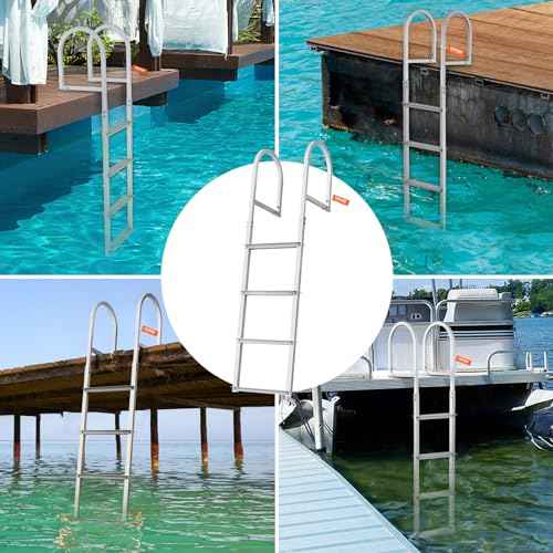 VEVOR Dock Ladder, Removable 4 Steps, 500 lbs Load Capacity, Aluminum Alloy Pontoon Boat Ladder with 3.1'' Wide Step & Nonslip Mat, Easy to Install for Ship/Lake/Pool/Marine Boarding