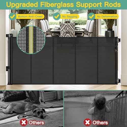 Reinforced 60" Wide Retractable Baby Gates with Upgraded Rods - Bottom Anti-Escape, 5 ft Mesh Baby Gate Retractable Dog Gate Indoor Pet Gate Retractable Stair Gate Outdoor Retractable Gate, Black