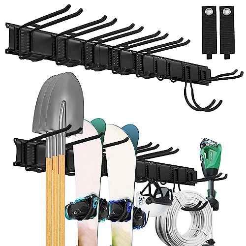 Sinoer Heavy Duty Steel Garage Wall Mount Garden Tool Organizer with 9 Adjustable Metal Hooks and 2 Straps, for Garden Tools, Chairs, Brooms, Mops, Rakes, Shovel