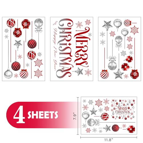 Mfault Merry Christmas Balls Window Clings 4 Sheets, Happy New Year Xmas Snowflake Stars Stickers Decals Decorations, Winter Holiday Home Kitchen Decor