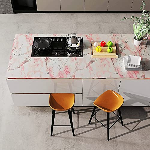 VIOPVERY Pink Marble Contact Paper Self Adhesive 35" x 197", Glossy Vinyl Wrap Waterproof Pink Floral Marble Wallpaper for Countertops Kitchen Cabinet Backsplash, Removable Wall Paper Renter Friendly