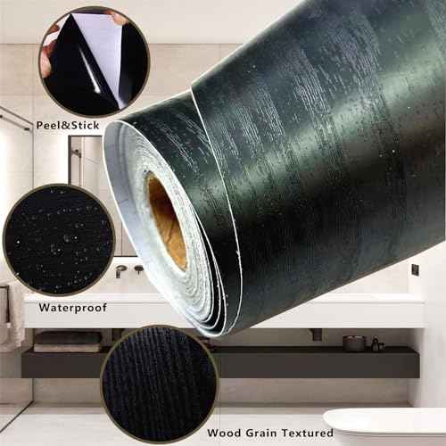 11Yard Peel&Stick Black Wood Grain Wallpaper Border Bathroom Mirror Frame Sticker Removable Waterproof Kitchen Wall Decor Tape (Black, 3.94Inch x 32.8Ft)