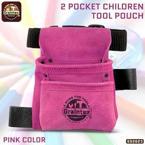 Graintex 2 Pocket Children's Tool Pouch, Suede Leather Pouch with Hammer Loop, Ideal for Home Improvement Projects, Kids Tool Belt for Young DIY Enthusiasts, Adjustable Webbing Belt