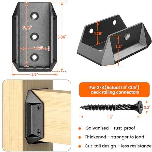 20 Pack Aluminum Alloy 2"x4" Deck Railing Brackets Connectors with 120 Galvanized Screws, Metal Deck Bracket Connectors for Fence Stair Railing Wood Handrail Connection