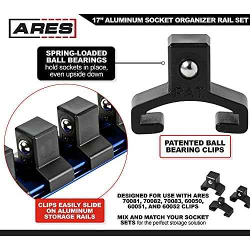 ARES 60125-3-Piece Blue 17-Inch Aluminum Socket Rail Set with Locking End Caps - Includes 1/4-Inch, 3/8-Inch, and 1/2-Inch Drive Rails - Each Aluminum Rail Stores up to 16 Sockets