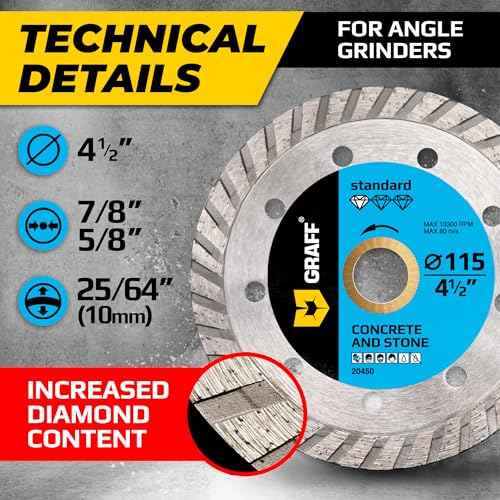 4 1/2 Inch Diamond Cutting Wheel for Angle Grinder Arbor 7/8"-5/8" ? Turbo Diamond Blade for Stone, Marble, Granite, Brick, Masonry, Concrete ? Diamond Saw Blades GRAFF