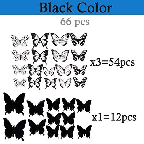 Ewong 3D Butterfly Wall Decor - 66Pcs Black Butterfly Decoration Party Cake Decorations - Removable Waterproof Wall Decal Birthday Home Room Decor Bathroom Bedroom Sticker & Murals