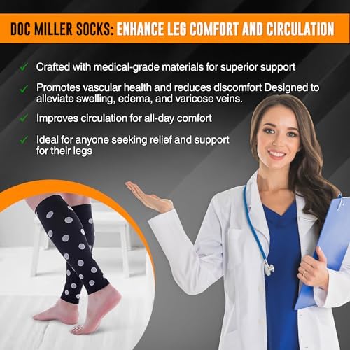 Doc Miller Calf Compression Sleeve – Footless Socks for Women & Men, 20-30mmHg, Shin Splint & Leg Cramp Support, Varicose Veins, Knee High, 1 Pair, Polka Dot