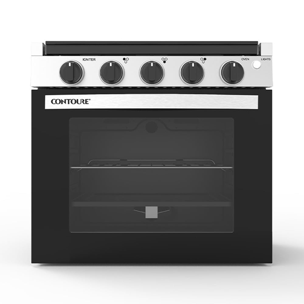 CONTOURE RV 3-Burner Drop-In Gas Range 21” – Propane-Powered RV Stove with Oven, Black with Stainless Steel Accents, LED Knobs, Easy-Clean Oven, CSA Certified, GR-21BTC