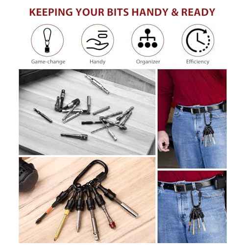 Katerk 6pc Black Bit Holder Keychain, 1/4in Hex Shank Portable Screwdriver Bit Clip for Impact Driver Flexible Drill Bit Extension Nut Driver W/Carabiner, Quick Release Drill Screw Adapter