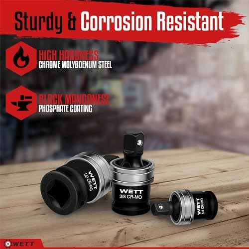 WETT Impact Universal Joint Set, 3-Piece Socket Swivel Adapter Set, 1/2", 3/8" and 1/4" Drive Impact Grade Wobble Socket, U-Joint Sockets, CR-MO Steel