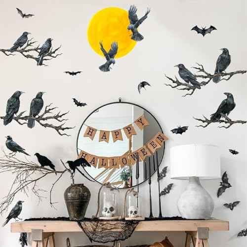 Halloween Crow Wall Decals Black Raven Tree Branches Decals Moon Bat Crow Window Stickers Moon Tree Branch Gothic Halloween Wall Stickers Raven Crows Wall Window Decorations
