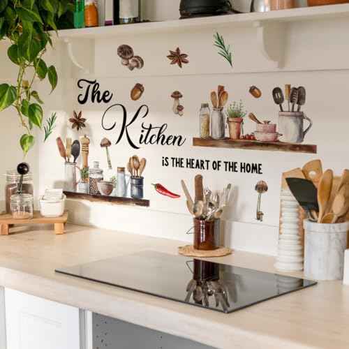 Kitchen Themed Wall Decal 'The Kitchen is The Heart of The Home' Quote with Cooking Elements s Design, Easy Peel & Stick Removable,DIY Wall Sticker Perfect for Kitchen,Living Room and Nursery D?cor