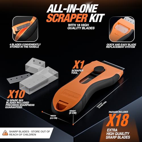 Razor Blade Scraper Tool | 18 Extra Blades, Unique Auto-Reload Mechanism, Dual Storage Compartment, cleaning razor scraper for Kitchen, Glass, Cooktop, Stovetop, Oven, Paint, Window, Sticker