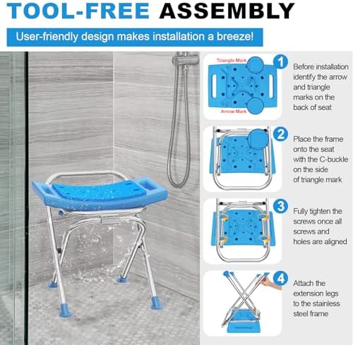 Upgraded Folding Shower Chair, Stainless Steel Foldable Shower Seat for Inside Bathtub, Lightweight & Portable Travel Shower Stool, Anti-Slip Feet Bath Chair for Elderly, Disabled, Injured