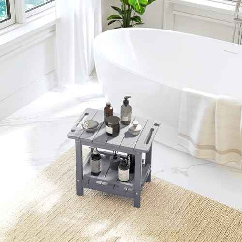 NALONE Shower Bench, HDPE Shower Benches with Storage Shelf & Handles, Indoor & Outdoor Use (Grey)